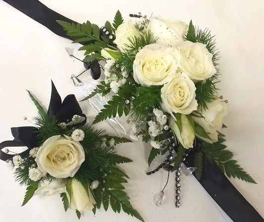 White & Cream Mini Roses on Black Wrist Corsage