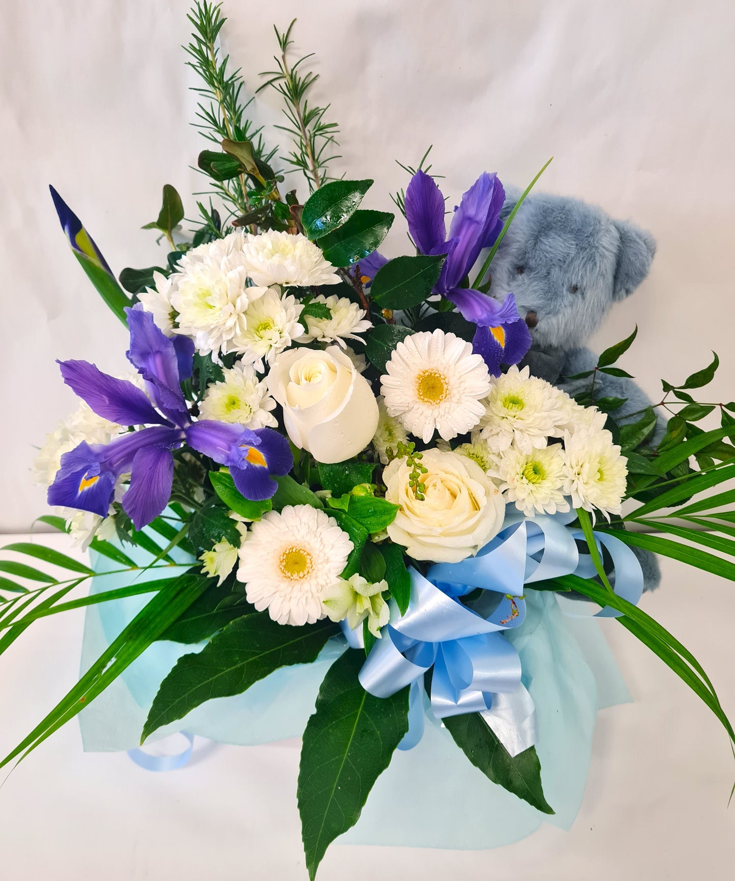 Teddy Bear in Blue Water Box Flowers