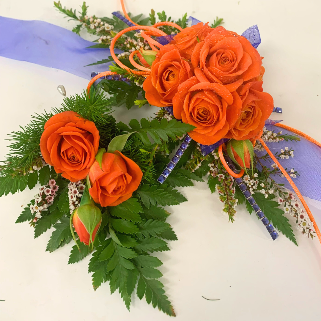 Orange Wrist Corsage with Royal Blue