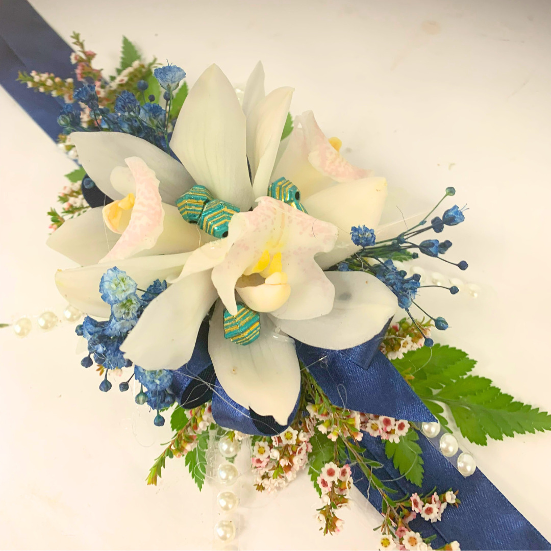 Cream Orchids with Royal Blue Wrist Corsage 