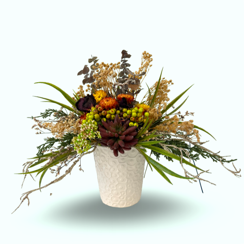 Dried Flower & Succulent Arrangement in Ceramic Vase