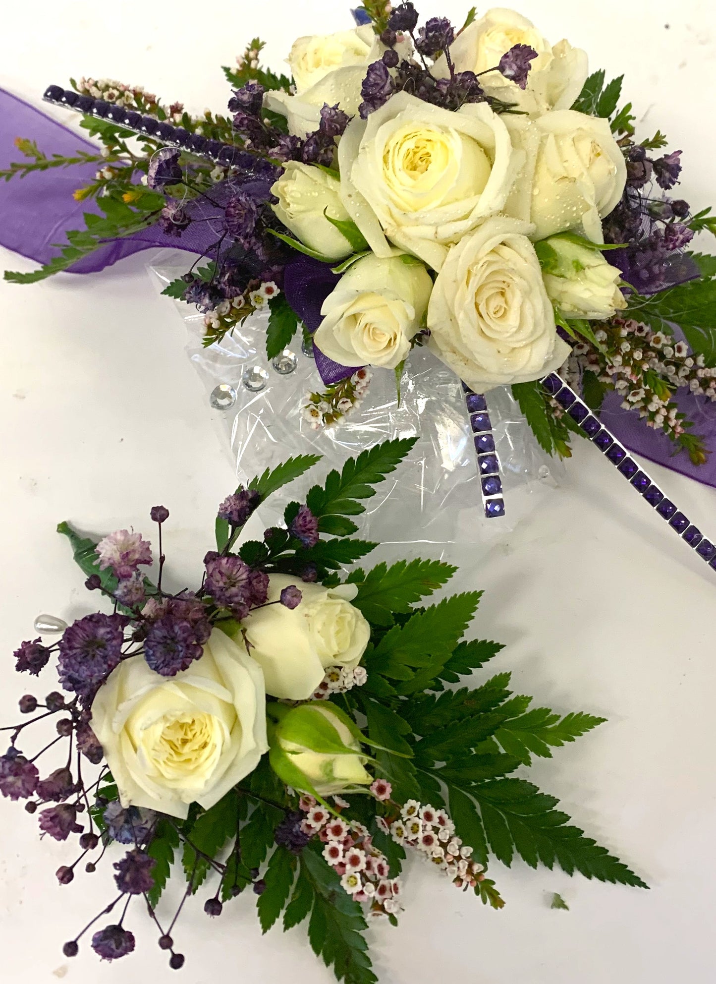 Mini White Rose Corsage with hints of Purple