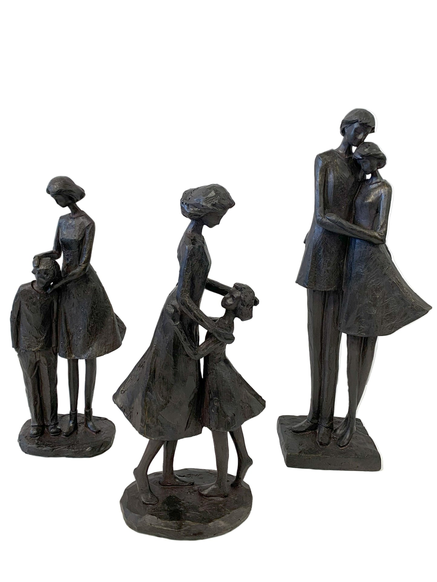 Set of three black metal sculptures of people on a white background