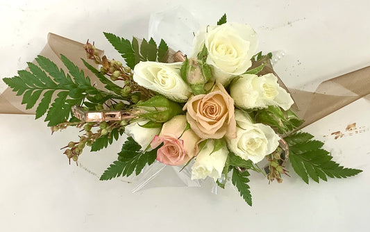 Peach and Cream Corsage with Brown Ribbon
