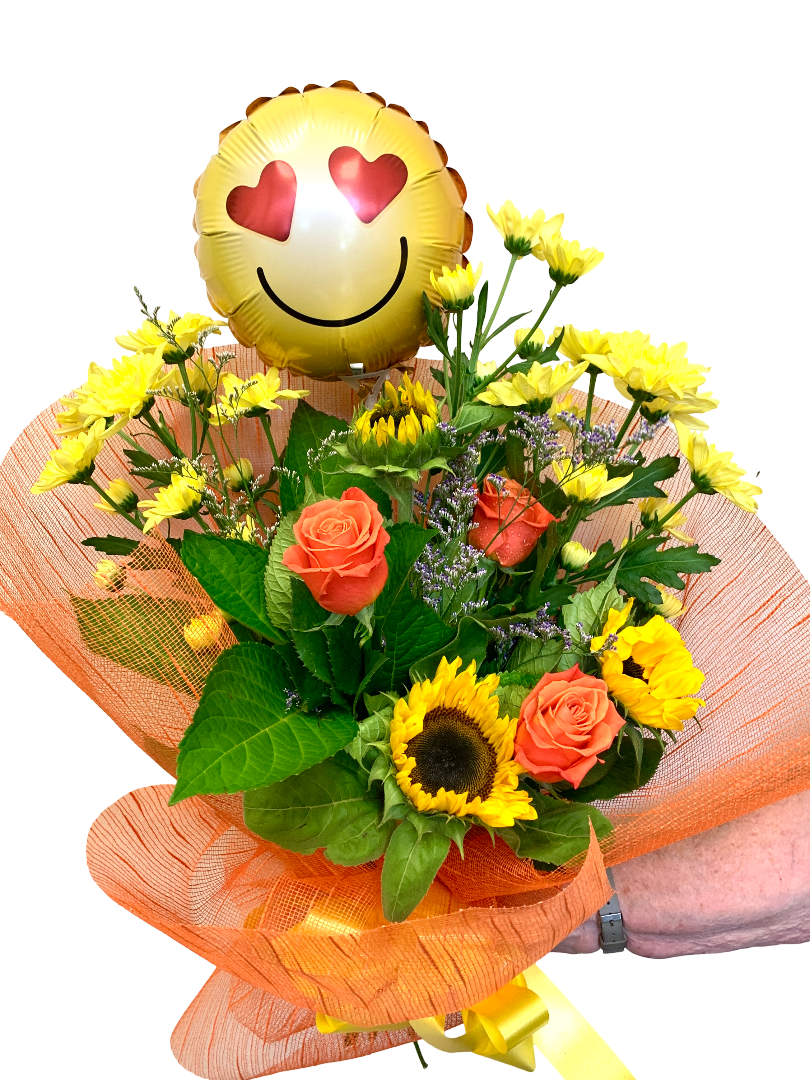 Bright & Vibrant with Sunflower & Roses Wrapped in Mesh