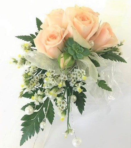 Wrist Corsage with Mini Peach Roses & Pearls