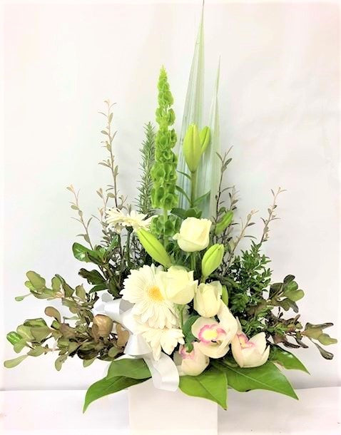 White Large Arrangement in ceramic container with bells of Ireland, lilies, roses and gerberas., Anniversary, Valentines, sympathy wedding,