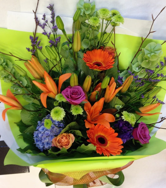 Handtied bright flowers, get well, hospital, Retirement, Birthday, bouquets, Whanau gift,