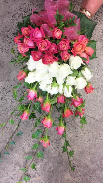 Raspberry & white roses handtied, Wedding, Bride, Bridesmaid, Wedding celebration, Wedding flowers, Very large bouquet, Roses,