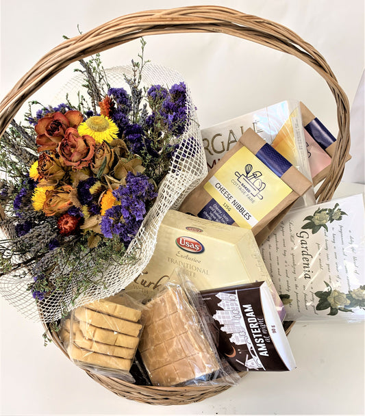 Gourmet Gift Basket With Dried Flowers & Chocolates