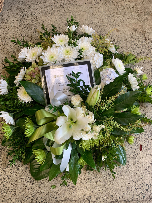  White Wreath with Lily. Perfect for funerals and memorials.