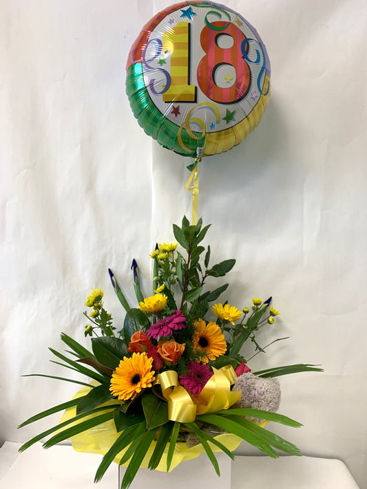 Beautiful Birthday Box with Bright Flowers, Balloon, and Teddy