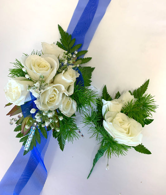 Royal Blue and White Corsage