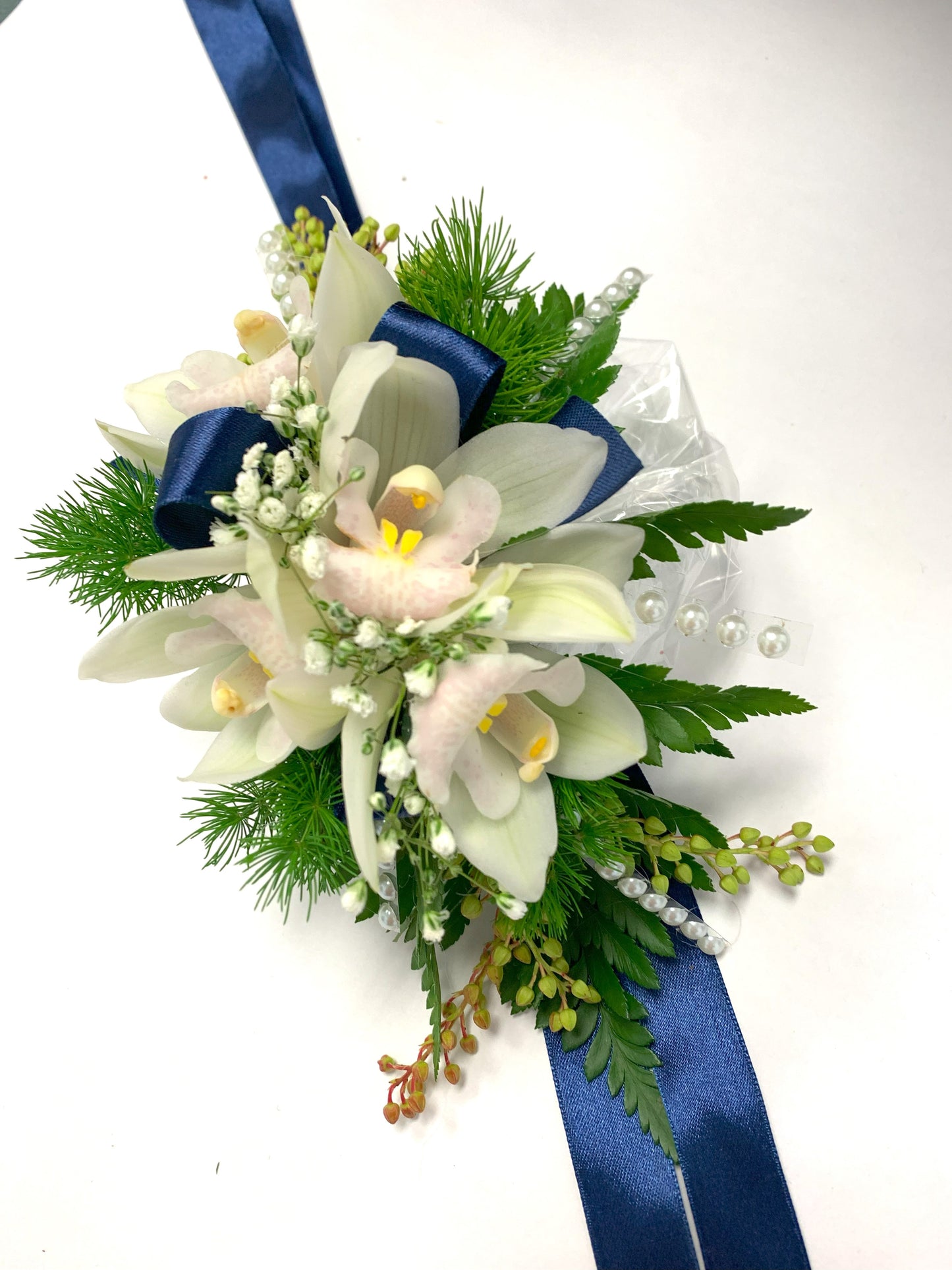 Mini Cream Orchids Corsage With Navy Ribbon