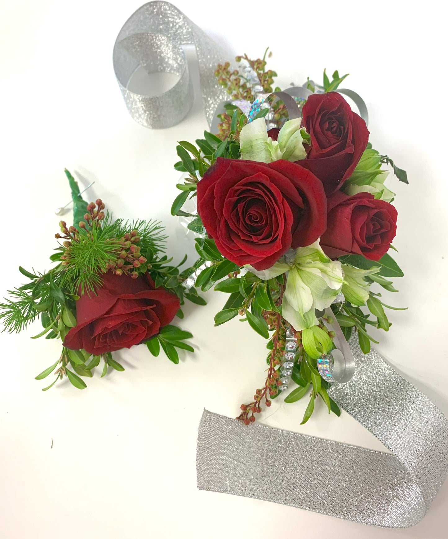 Red Rose Wrist Corsage With Silver Sparkle