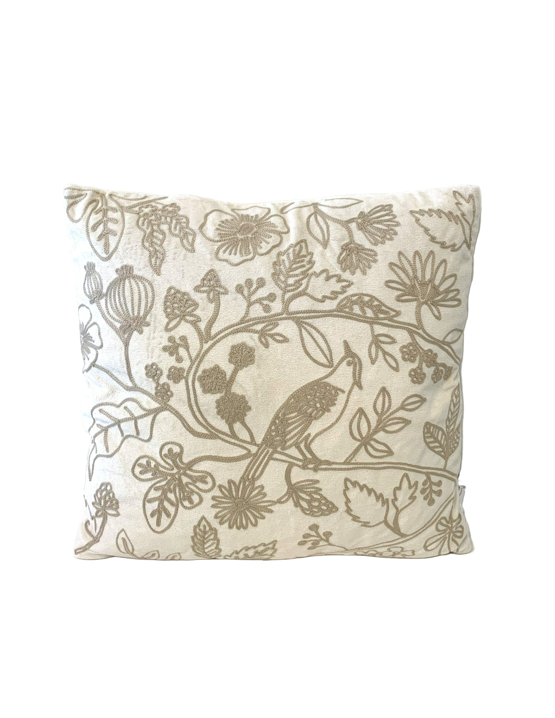 Decorative pillow with bird and floral pattern on a white background