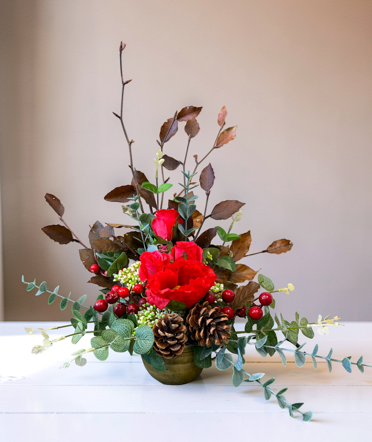 Winter Berry & Rose Arrangement in Ceramic Pot