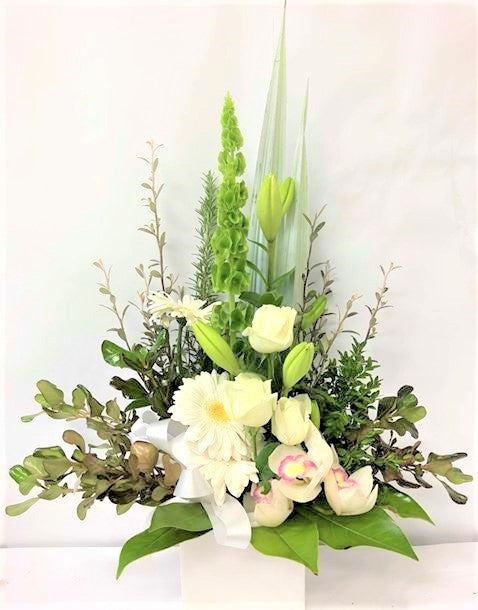 White Large Arrangement  in ceramic container with bells of Ireland, lilies, roses and gerberas., Anniversary, Valentines, sympathy wedding, 