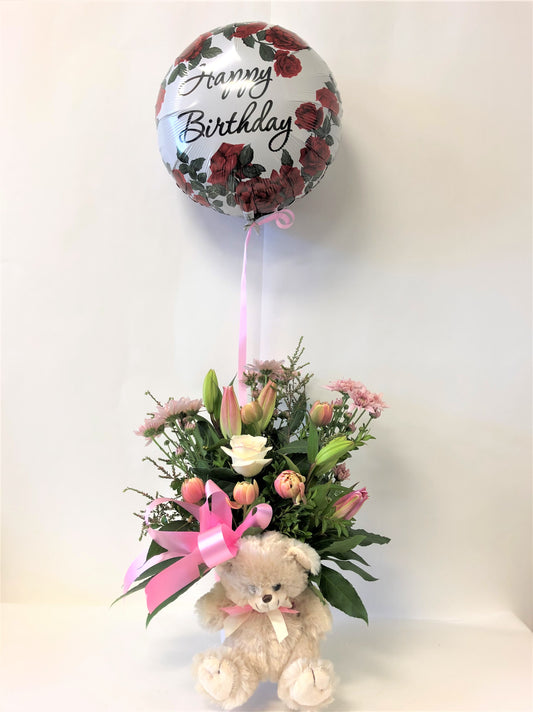 Fresh Happy Birthday Floral Arrangement With Teddy Bear