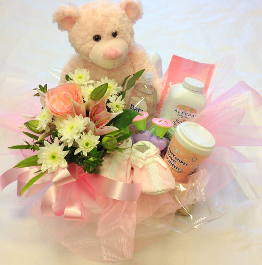 Baby basket with goodies for baby girl, baby, hospital, congratulations,