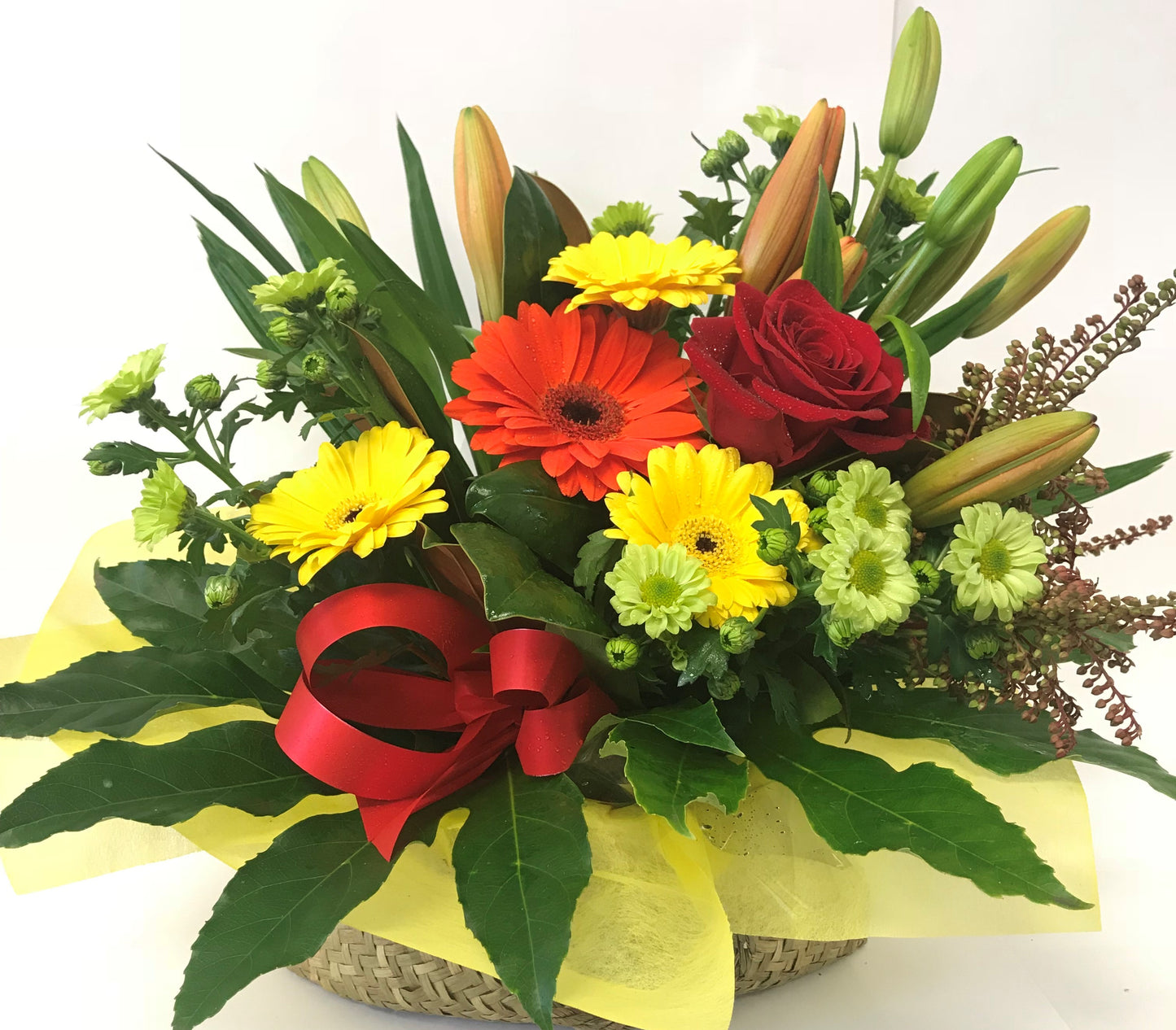 Kete bag with arrangement of flowers, get well, hospital, Retirement, Birthday, Whanau gift