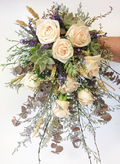 Rose and succulent hand tied,  peach roses, succulents and misty, Wedding, Bride, Bridesmaid, Flower girl 