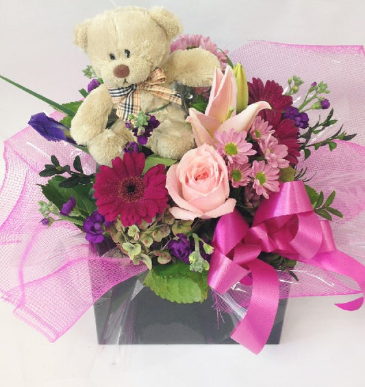 Teddy and flowers, get well, hospital, Retirement, baby,baby, hospital, congratulations, Mothers day, Arrangements, 