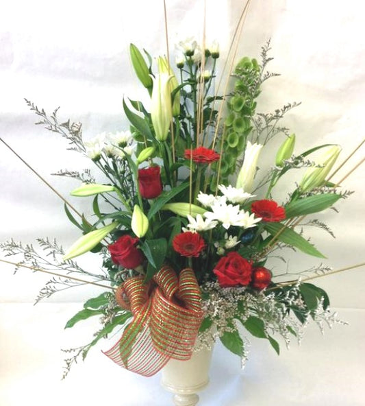 Arrangement of lillies roses and gerberas in a stunning ceramic vase for a special lady, Valentines, Anniversary, Wife, Romantic flowers
