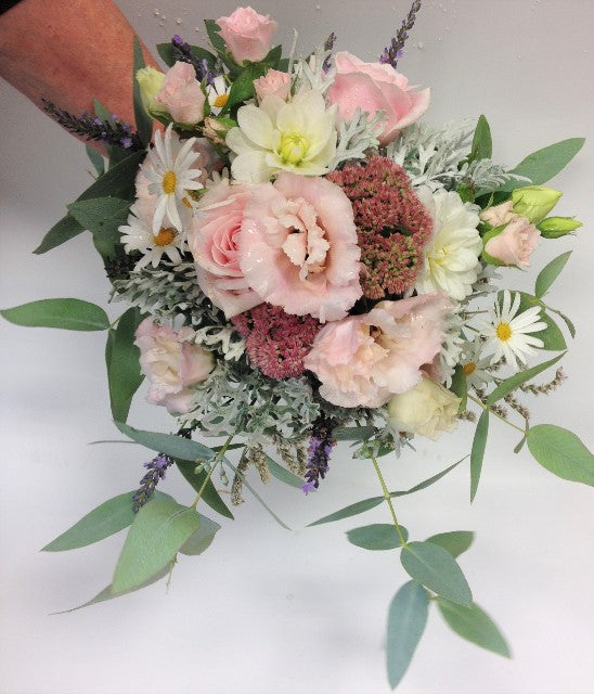 Wild Bridesmaid bouquet, lavender lissianthus dahlia gum and roses, Bridesmaid, Flower girl, Wedding 