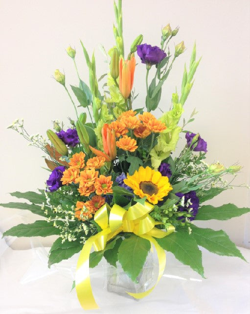Tall glass vase arrangement, Using roses Lithuanians chrysanthemums and gerberas, Vibrant flowers, Arrangements