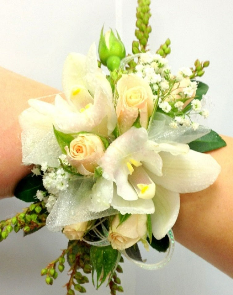 Champagne & peach orchids & roses, School Ball, Wrist Corsage,