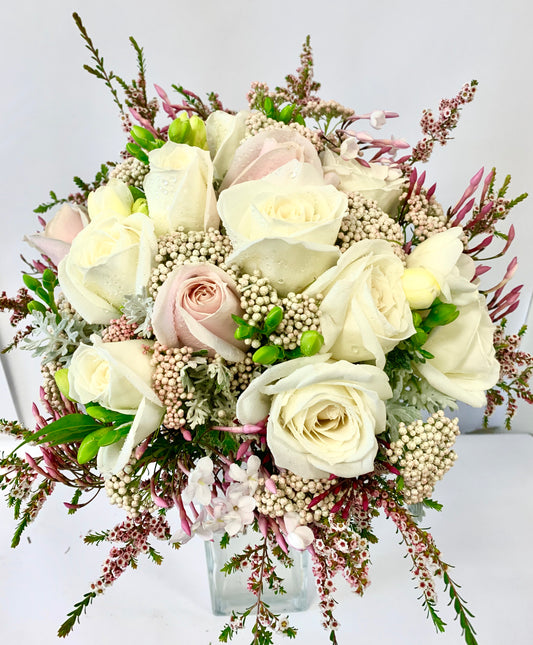 Wedding bouquet, Pink and white roses in a Hand-tied bouquet for a spring Wedding., Wedding, bouquet, bride