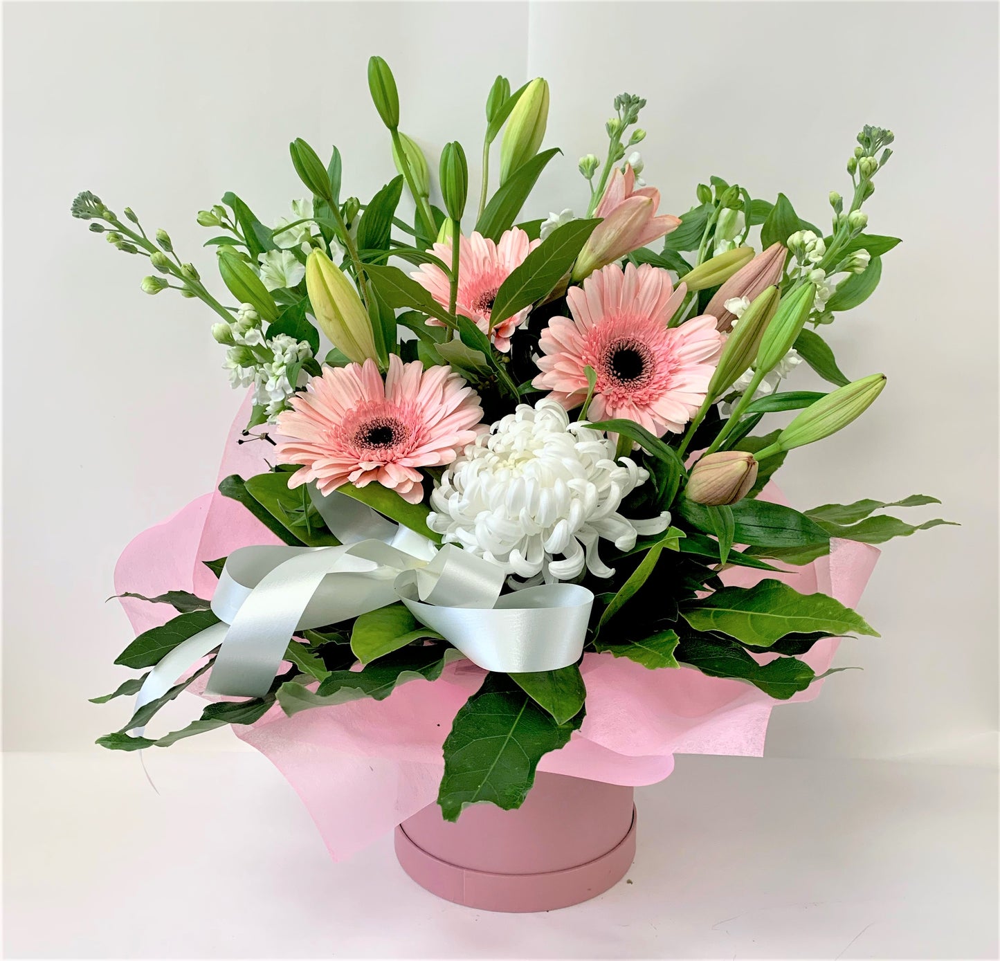Pink and White Arrangement in Hat Box