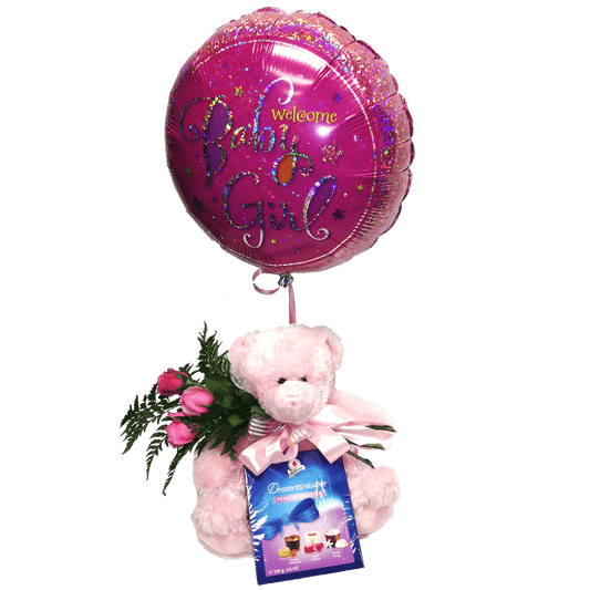 Teddy with balloon with chocolates & roses, baby, hospital, congratulations,