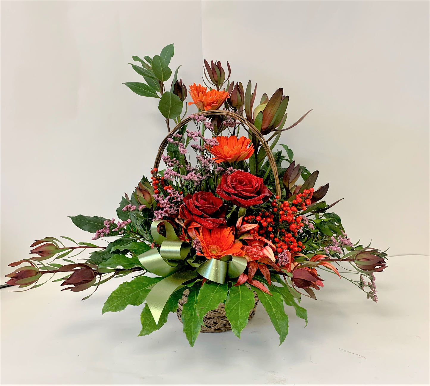 Fresh Flower Basket In Mixture of Reds