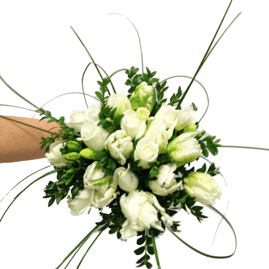 Hand-tied roses with tulips with freesias,  Wedding, Bride, Bridesmaid, Wedding celebration, Wedding flowers